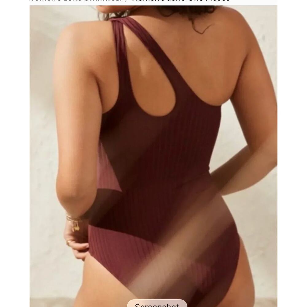 NWT Aerie Ribbed Shine One Shoulder One Piece Swimsuit in a deep burgundy XL - Picture 2 of 7